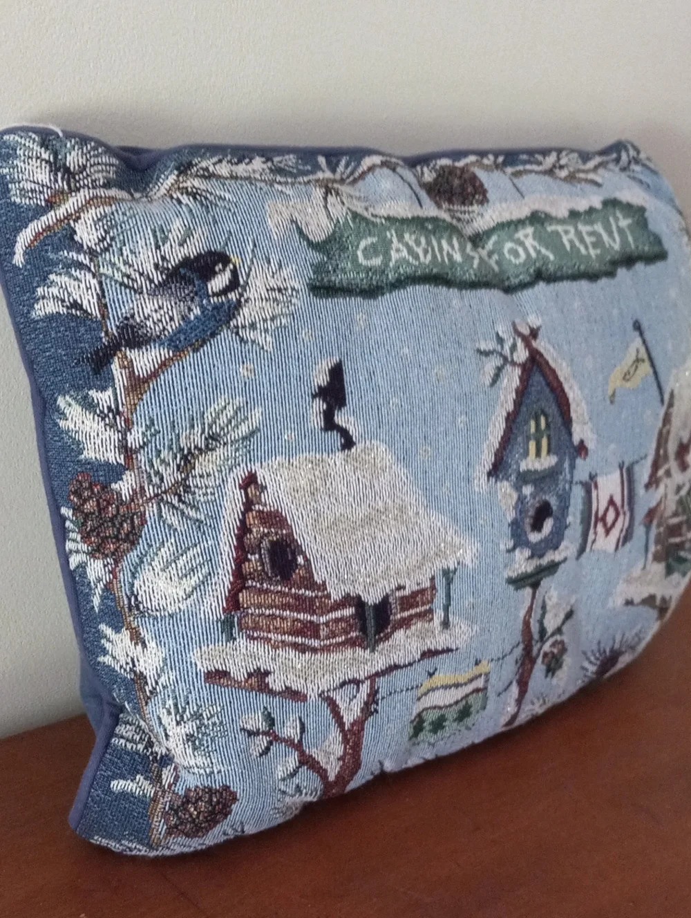 Winter Birdhouse Cabin Tapestry Throw Pillow - Light Blue Snow Scene